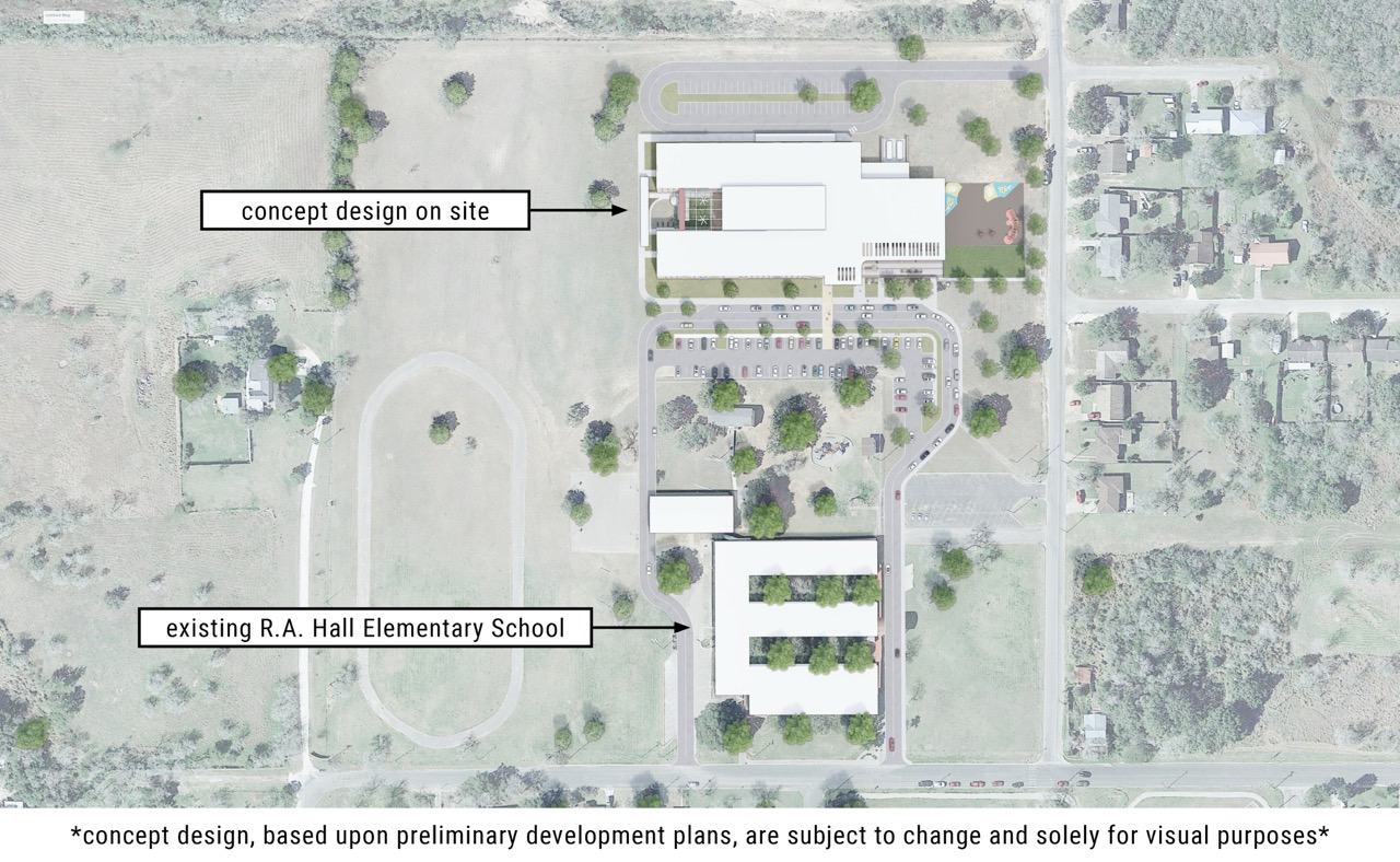 aerial image with outline of existing elementary school and an outline of how a concept school would fit on the site